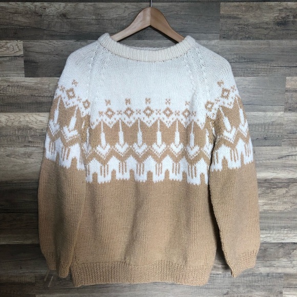 Handmade Hand Knit Tan and White Fair Isle Crewneck Sweater Medium - Picture 2 of 10